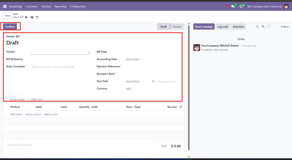 Create New Vendor Bill Form