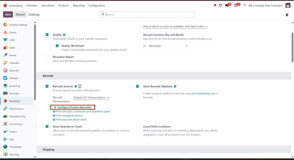 Enable Barcode in Odoo Settings